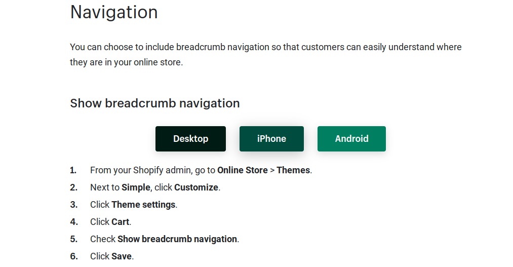 Istruzioni Shopify per aggiungere breadcrumb al sito web